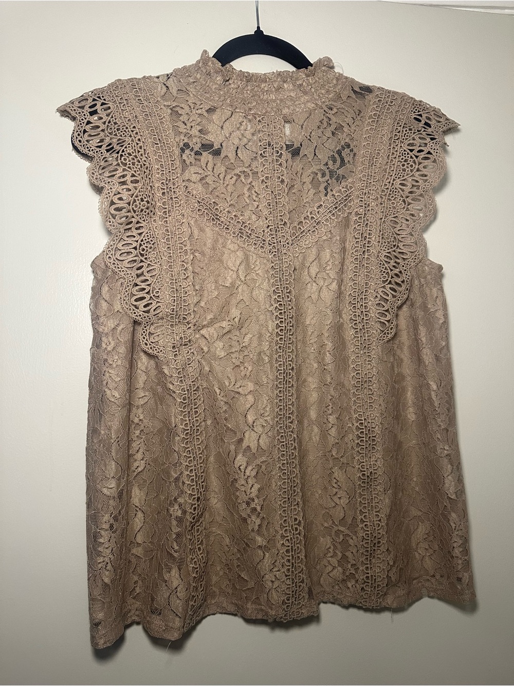 Cable & Gauge Taupe Lace Ruffle Mock Neck Sleeveless Blouse